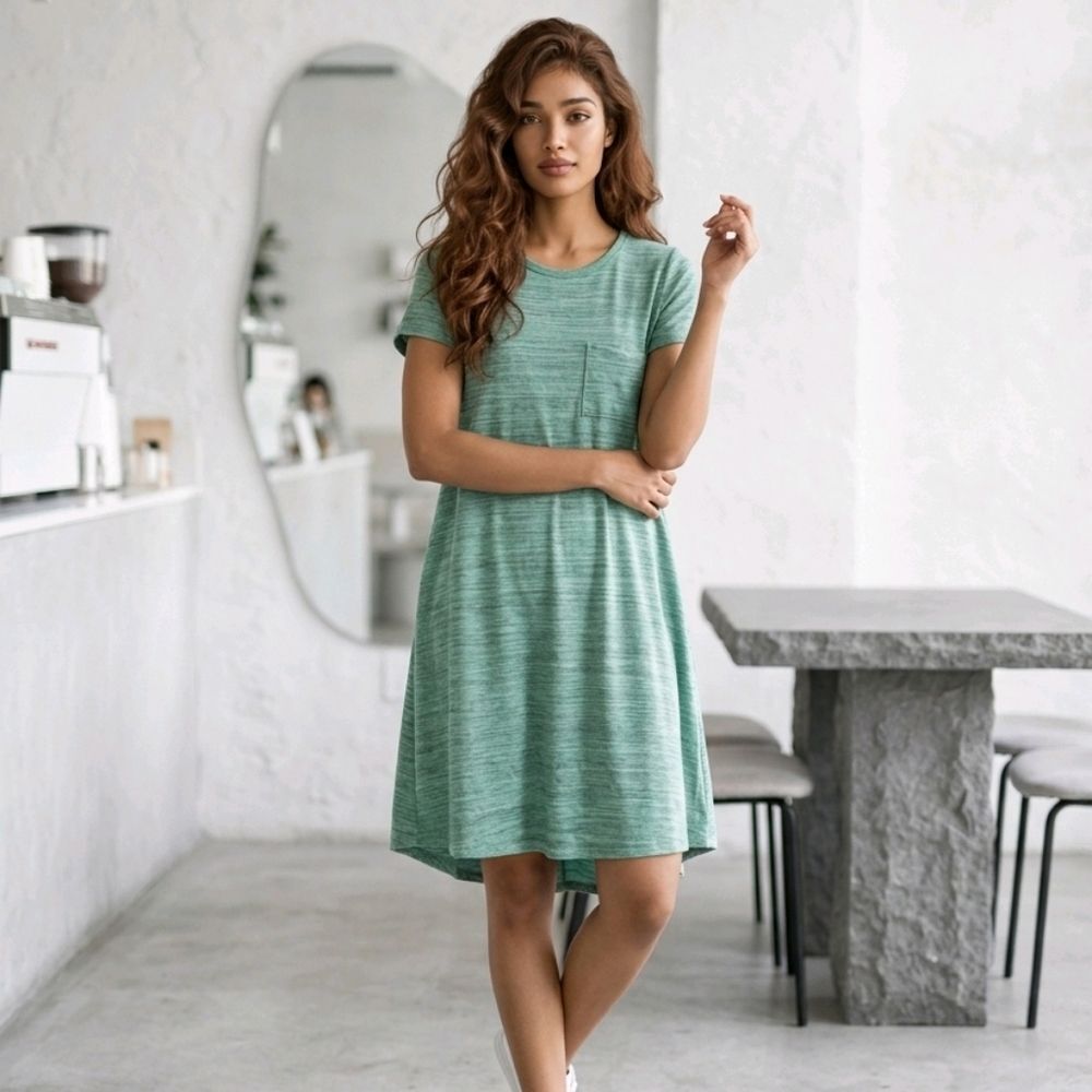 LuLaRoe Carly Dress XS Mint Green Space Dye Swing High Low Midi Pocket Soft Knit